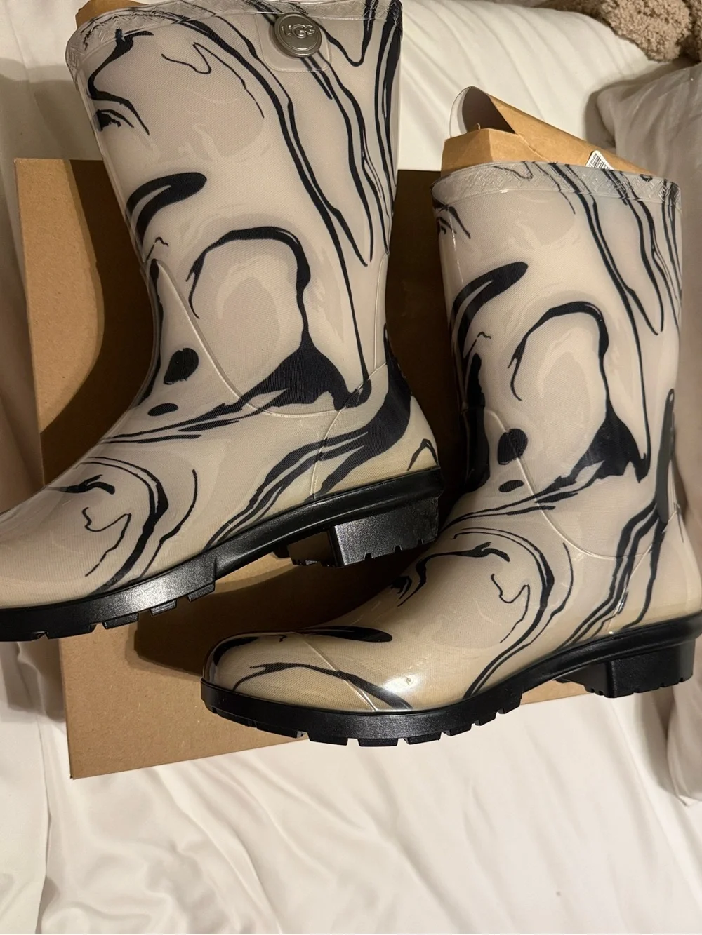 UGG Beige Marble-Print Rain Boots with Black Swirl Accents